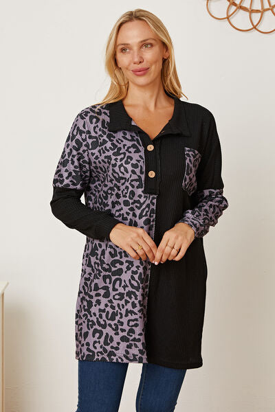 swvws Leopard Waffle-Knit Buttoned Long Sleeve Blouse