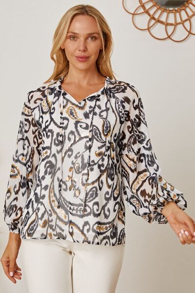 swvws Printed Tie Neck Balloon Sleeve Blouse