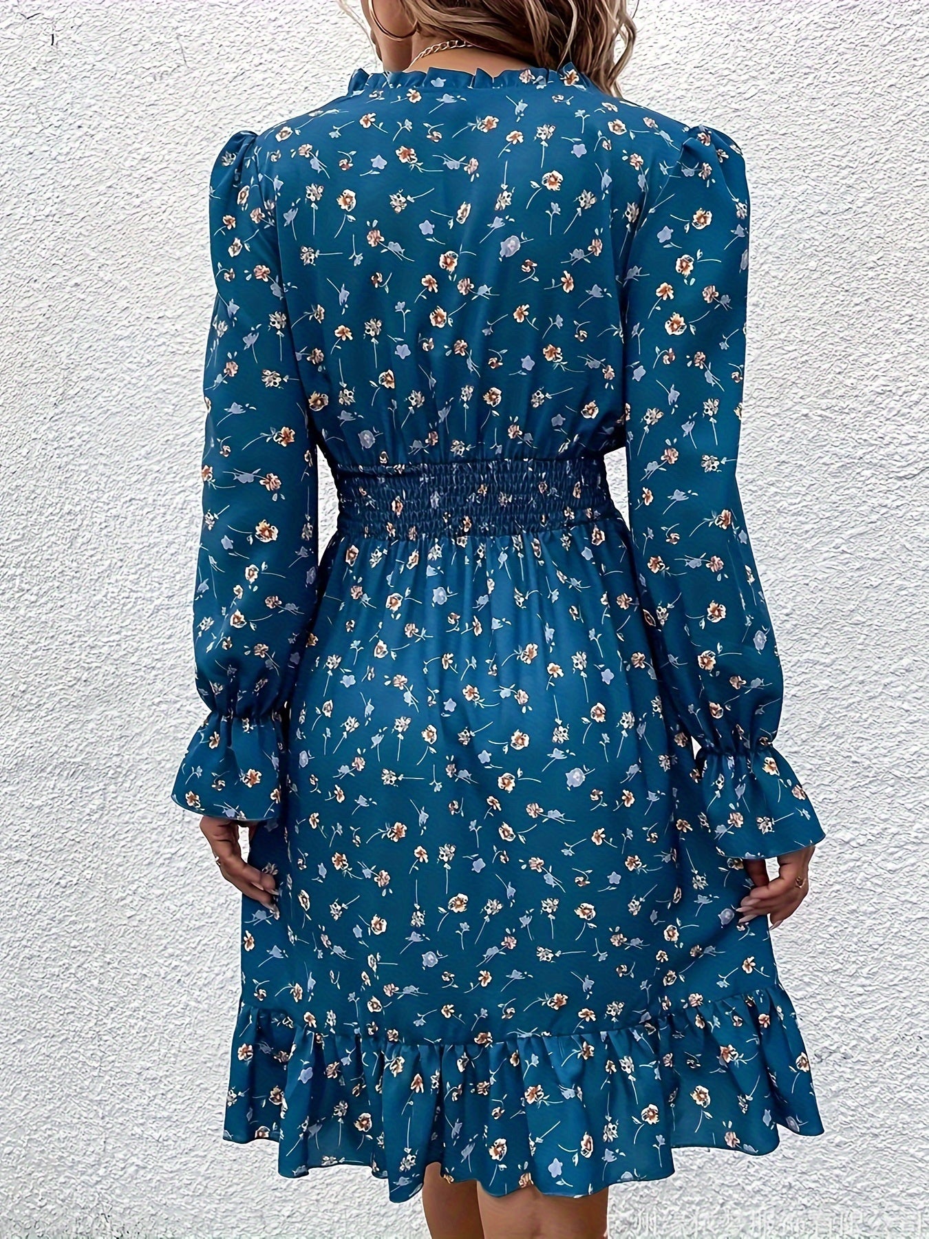 Elegance in Bloom: Chic Floral Print A-line Dress with Lantern Sleeves & Ruffle Trim for Spring & Fall - Durable & Easy Care