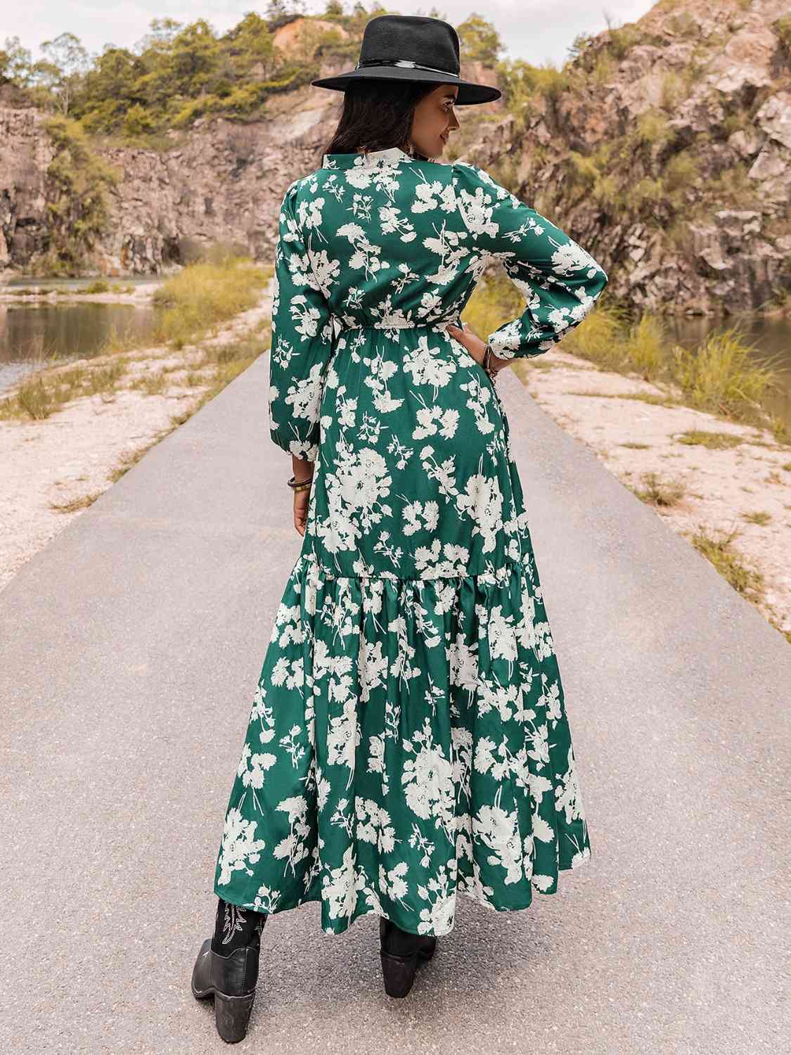 swvws Printed Notched Neck Maxi Dress