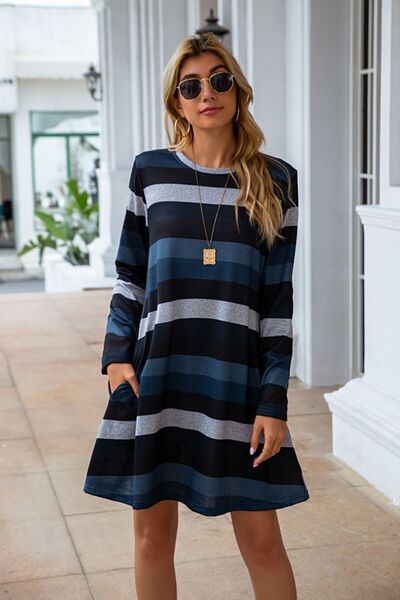 swvws Striped Round Neck Long Sleeve Dress