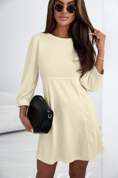 swvws Ribbed Round Neck Balloon Sleeve Mini Dress