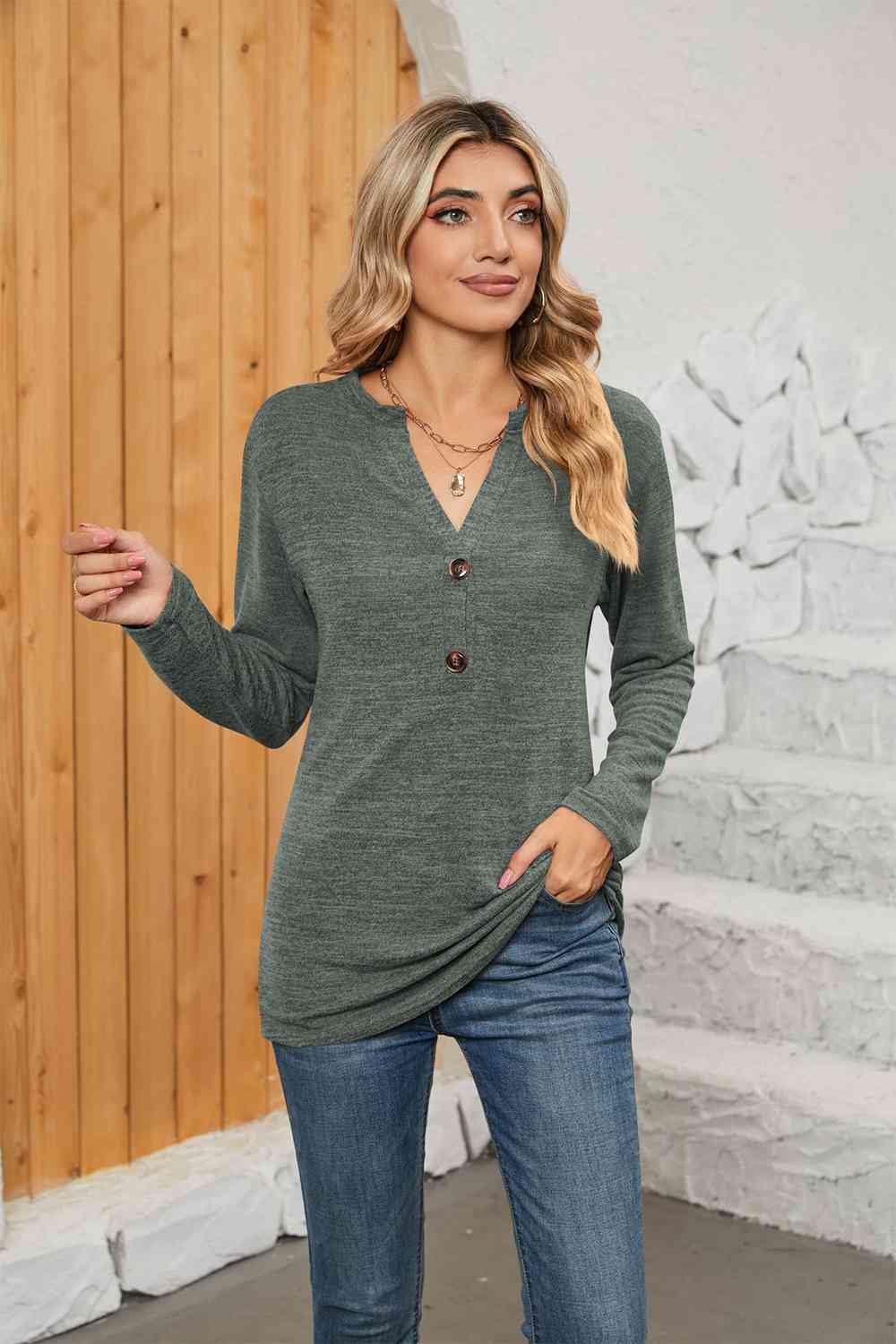 swvws Notched Neck Long Sleeve T-Shirt