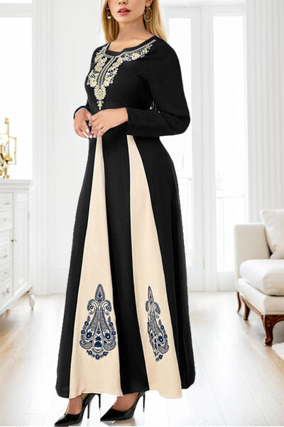 swvws Printed Round Neck Long Sleeve Maxi Dress