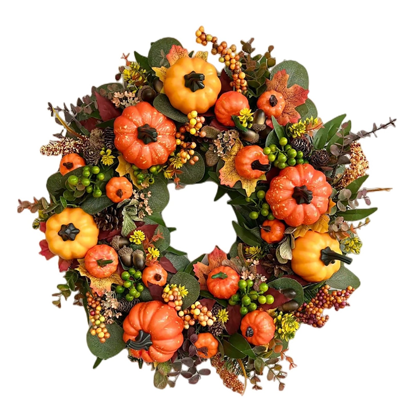 17.7in Fall Wreaths for Front Door with Berry Pumpkin Maple Leaves Autumn Wreath