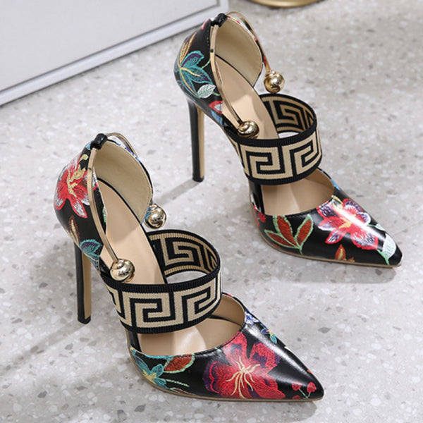 swvws - Black Casual Patchwork Printing Pointed Out Door Shoes (Heel Height 4.72in)