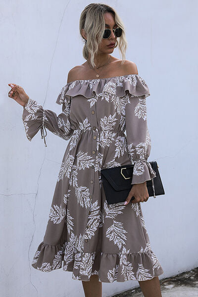 swvws Ruffled Printed Off-Shoulder Midi Dress