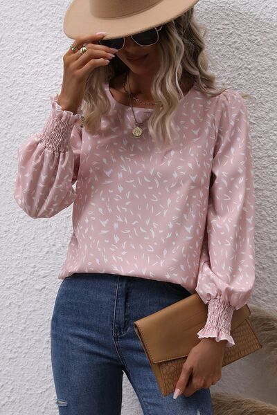 swvws Printed Round Neck Lantern Sleeve Blouse