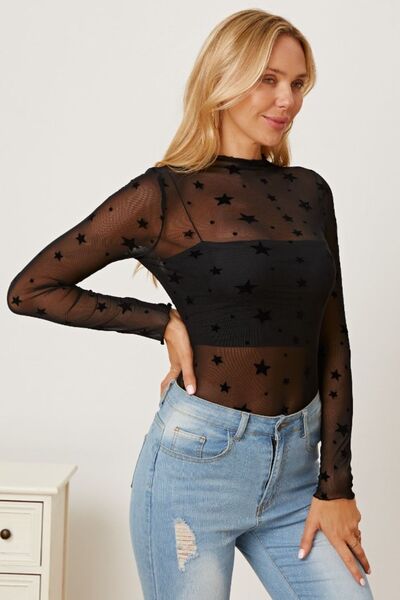 swvws Star Pattern Mock Neck Long Sleeve Blouse