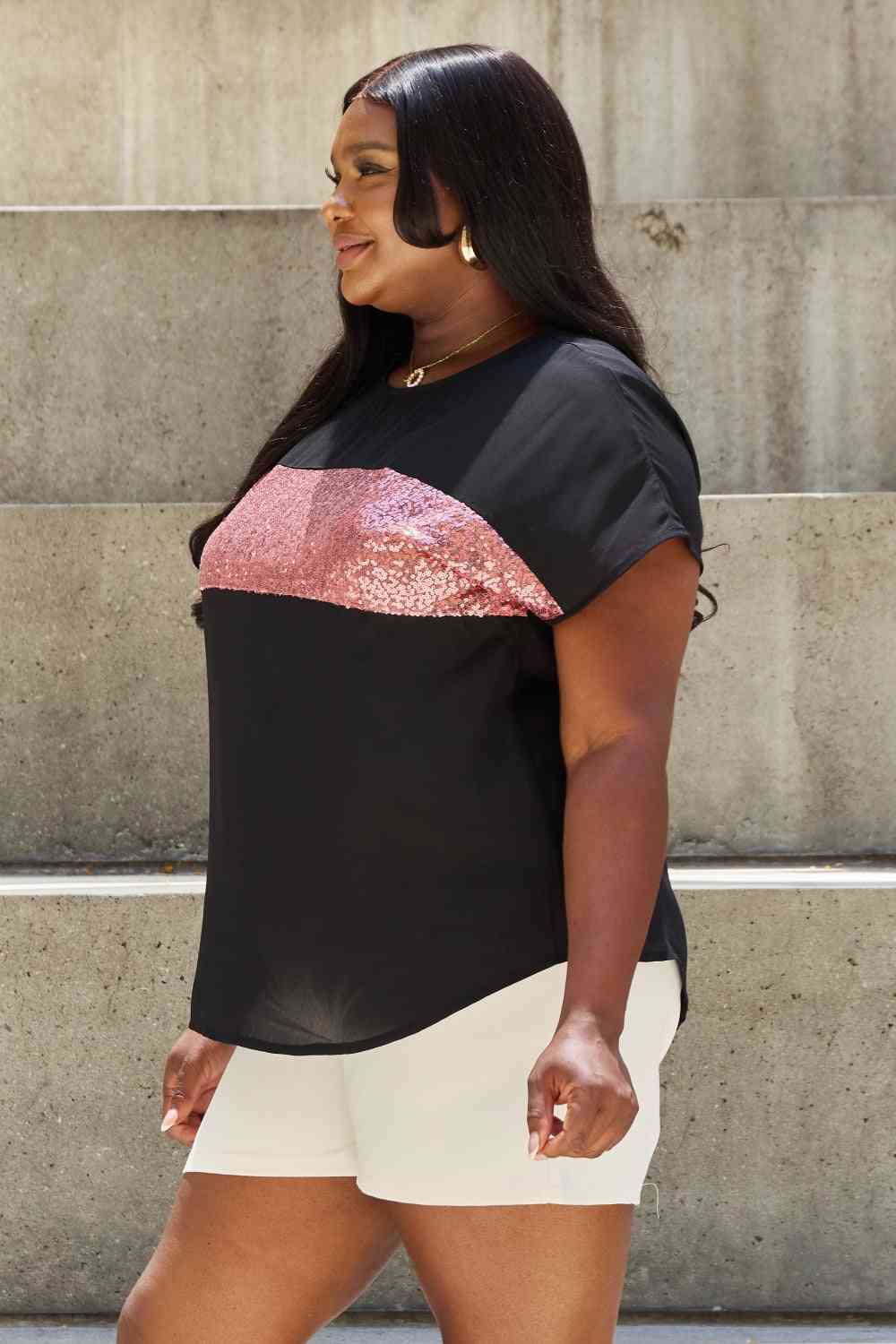 swvws Sew In Love Shine Bright Full Size Center Mesh Sequin Top in Black/Mauve