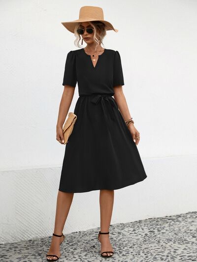 swvws Tied Notched Short Sleeve Dress