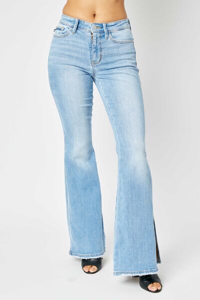 swvws Judy Blue Full Size Mid Rise Raw Hem Slit Flare Jeans