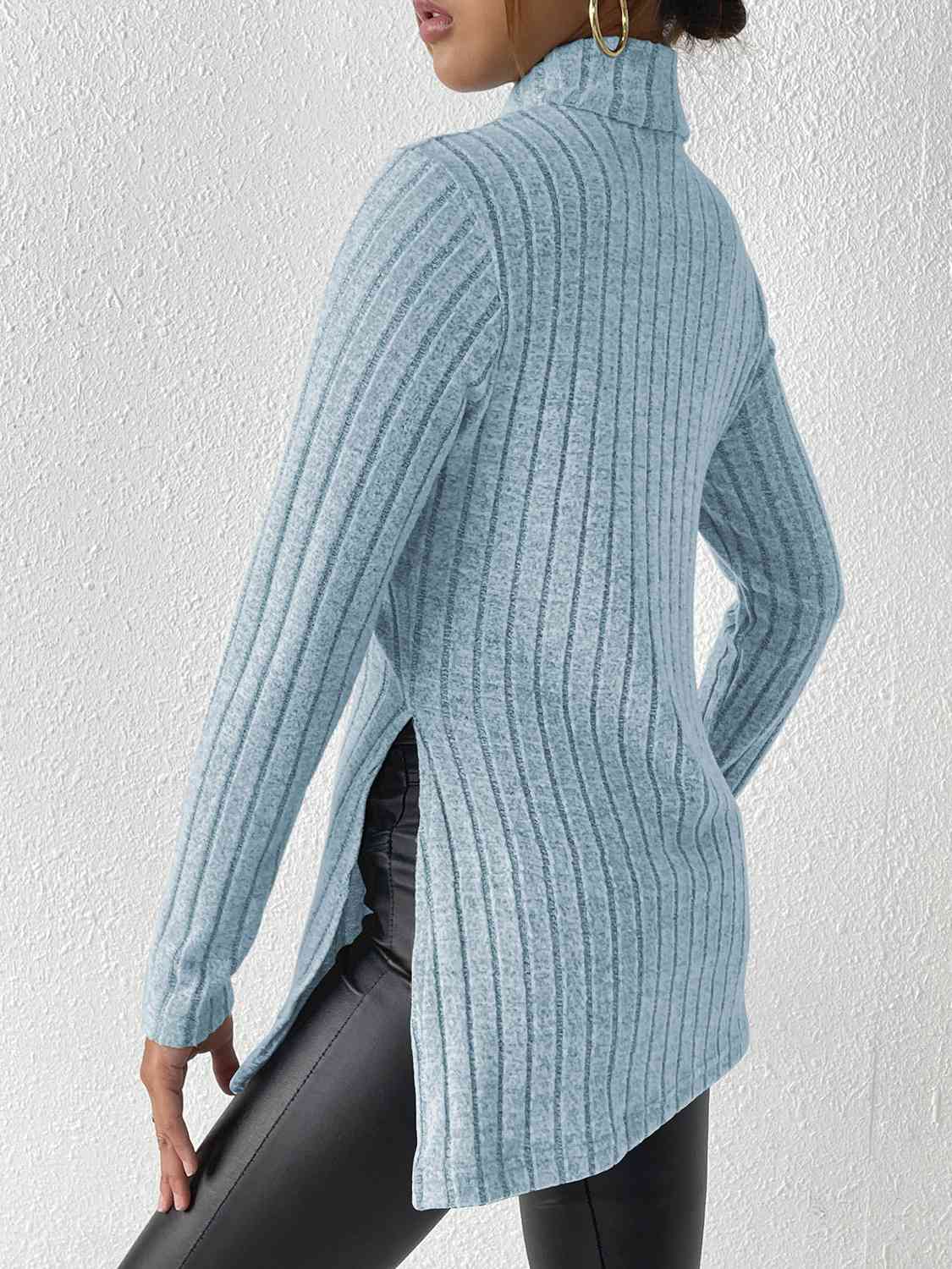 swvws Ribbed Turtleneck Long Sleeve Slit T-Shirt