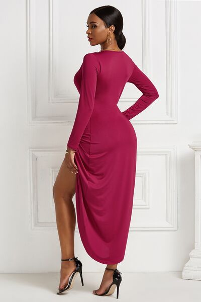 swvws High-low Ruched Surplice Long Sleeve Dress