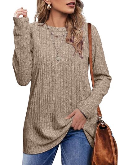 swvws Ribbed Round Neck Long Sleeve Blouse