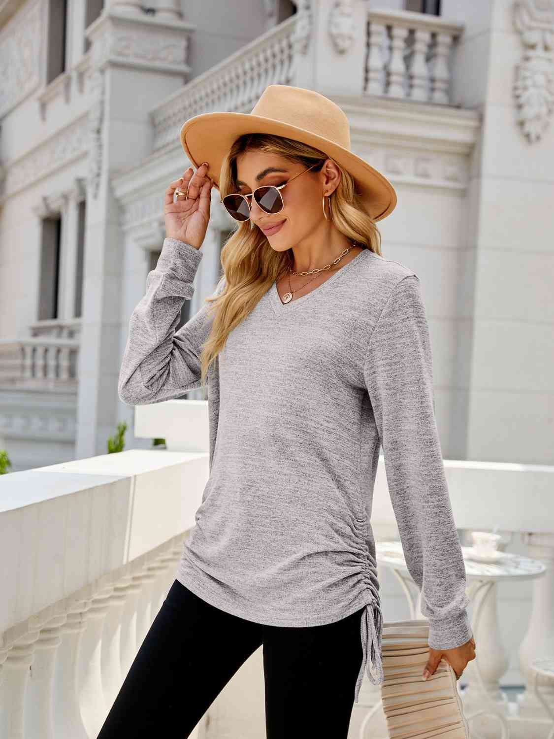 swvws Drawstring V-Neck Long Sleeve T-Shirt