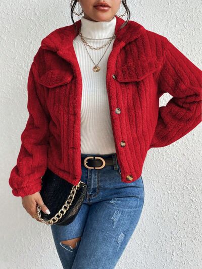 swvws Fuzzy Button Up Collared Neck Jacket