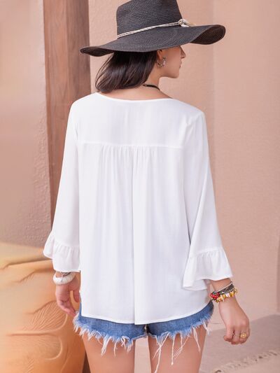 swvws Cutout V-Neck Flounce Sleeve Blouse