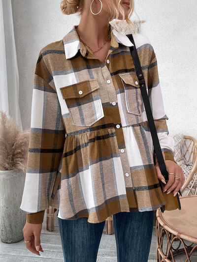 swvws Plaid Button Up Dropped Shoulder Peplum Shacket