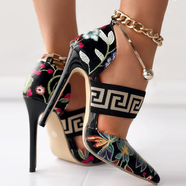 swvws - Black Casual Patchwork Printing Pointed Out Door Shoes (Heel Height 4.72in)