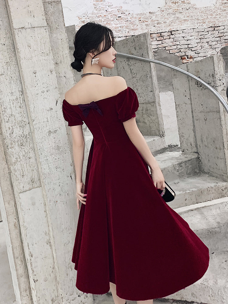 Tmallworld Wine Red Short Velvet Evening Dresses, Off Shoulder Prom Dresses Bridesmaid Dress