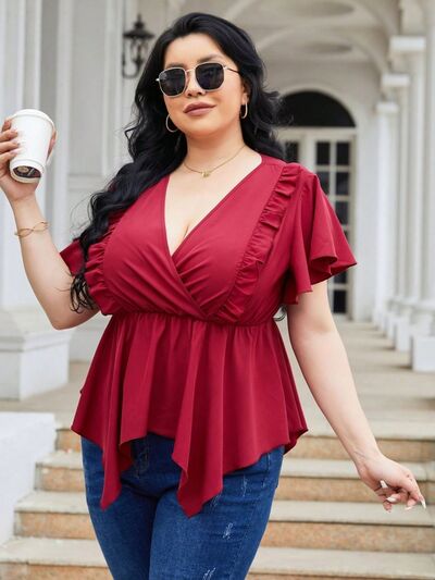 swvws Plus Size Frill Surplice Flutter Sleeve Blouse