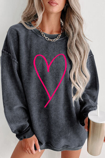 swvws Heart Round Neck Dropped Shoulder Sweatshirt