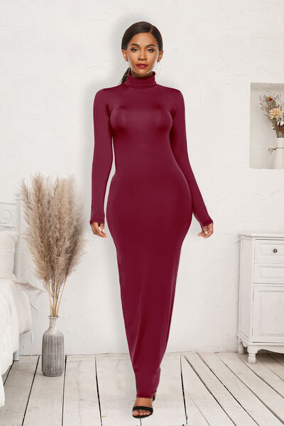 swvws Mock Neck Long Sleeve Maxi Slim Dress