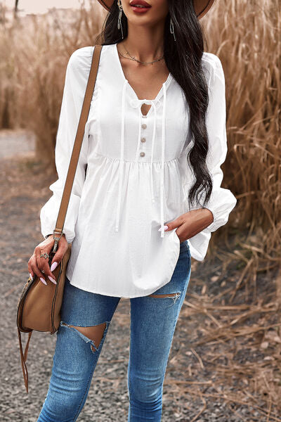 swvws Tied Decorative Button Balloon Sleeve Blouse