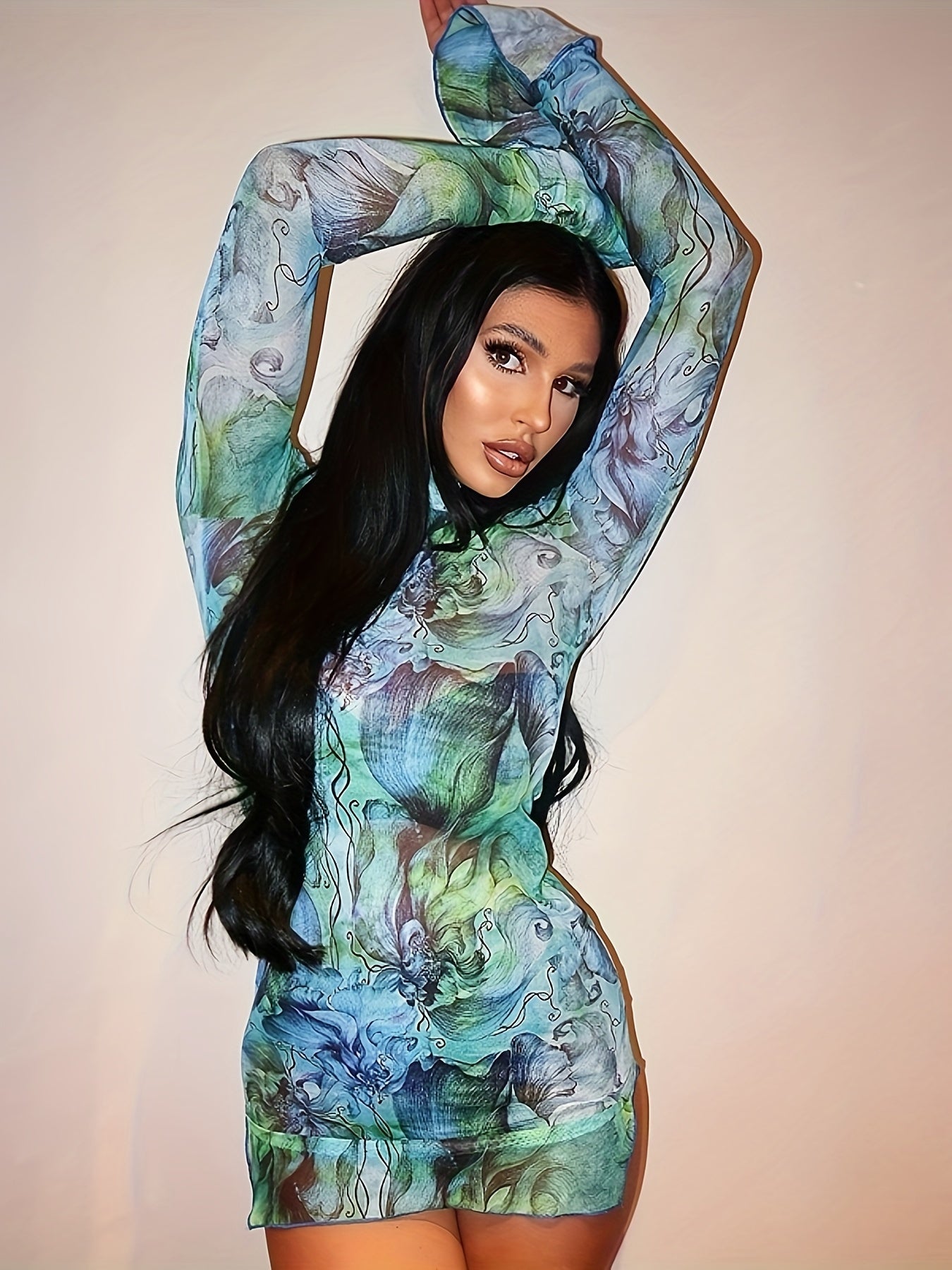 Vibrant Tie Dye Mesh Long Sleeve Bodycon Dress - Breathable, Casual, and Comfortable for Spring and Summer - Womens Fashion Clothing for Outdoor Activities