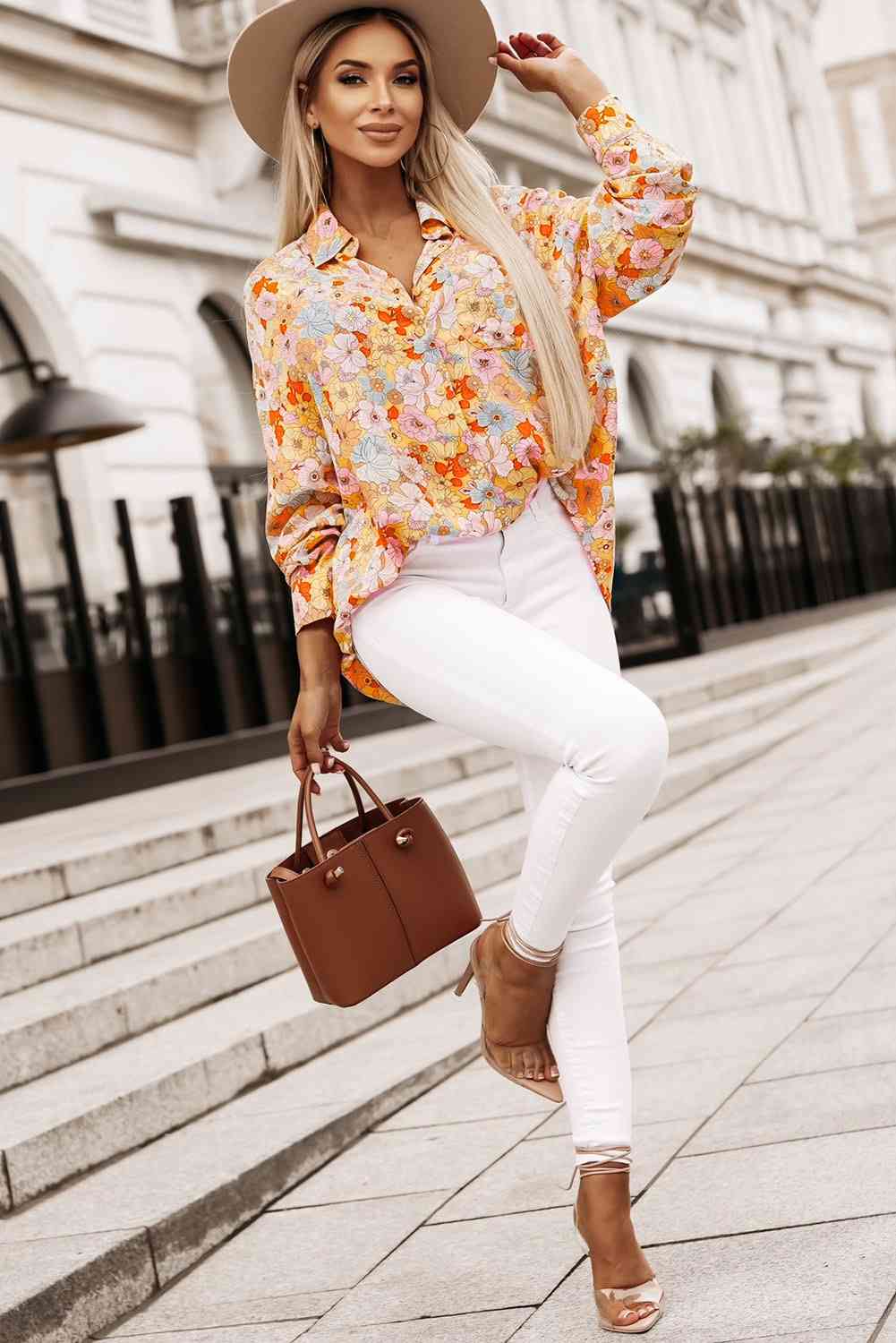 swvws Floral Collared Neck Long Sleeve Shirt