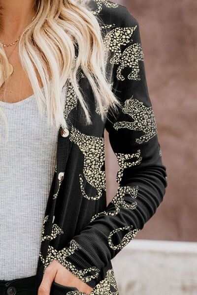 swvws Animal Pattern Ribbed Button Up Long Sleeve Cardigan