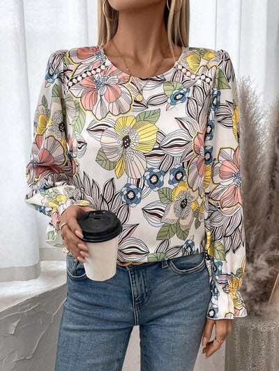 swvws Printed Round Neck Flounce Sleeve Blouse