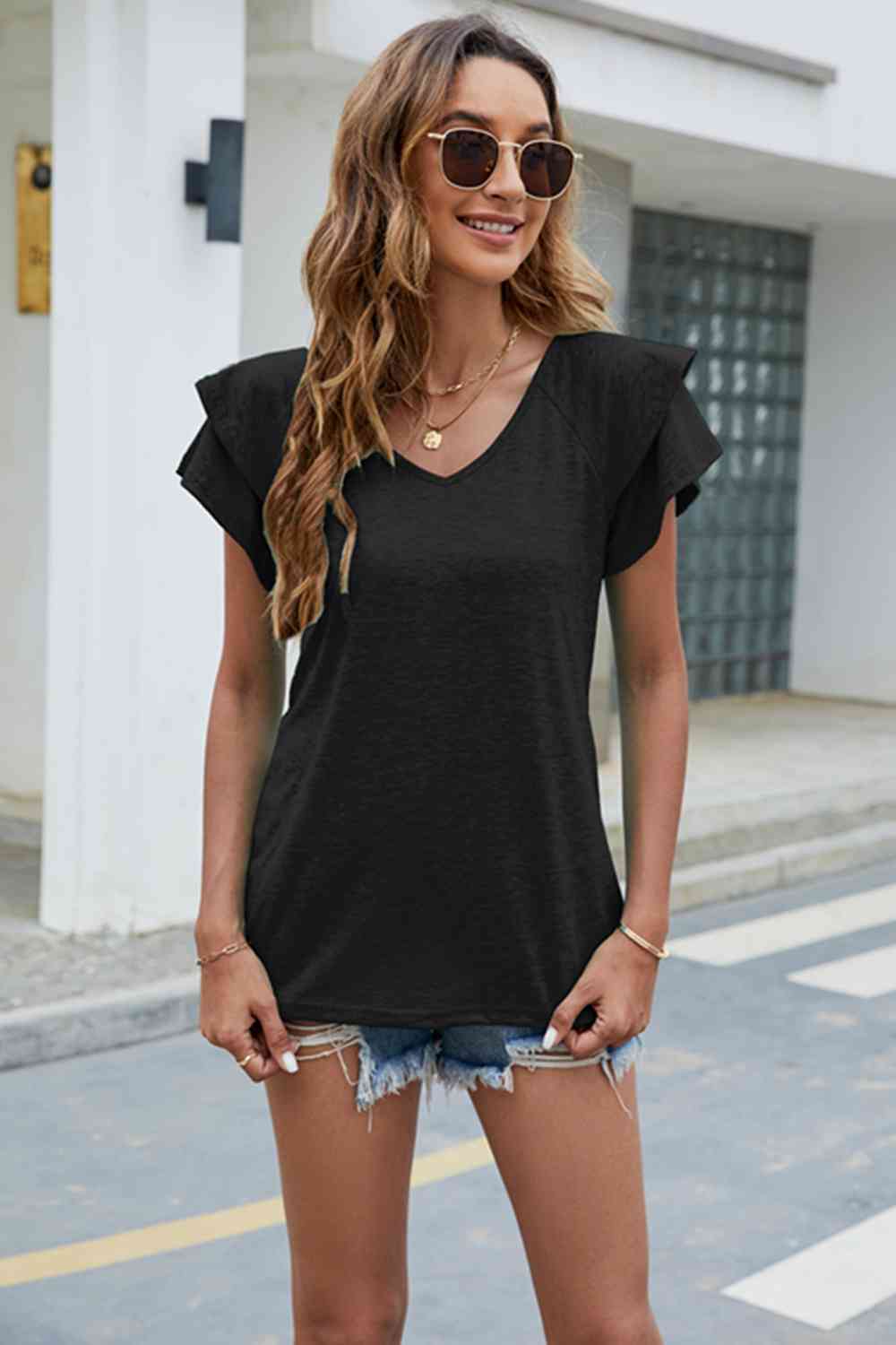 swvws V-Neck Flutter Sleeve T-Shirt