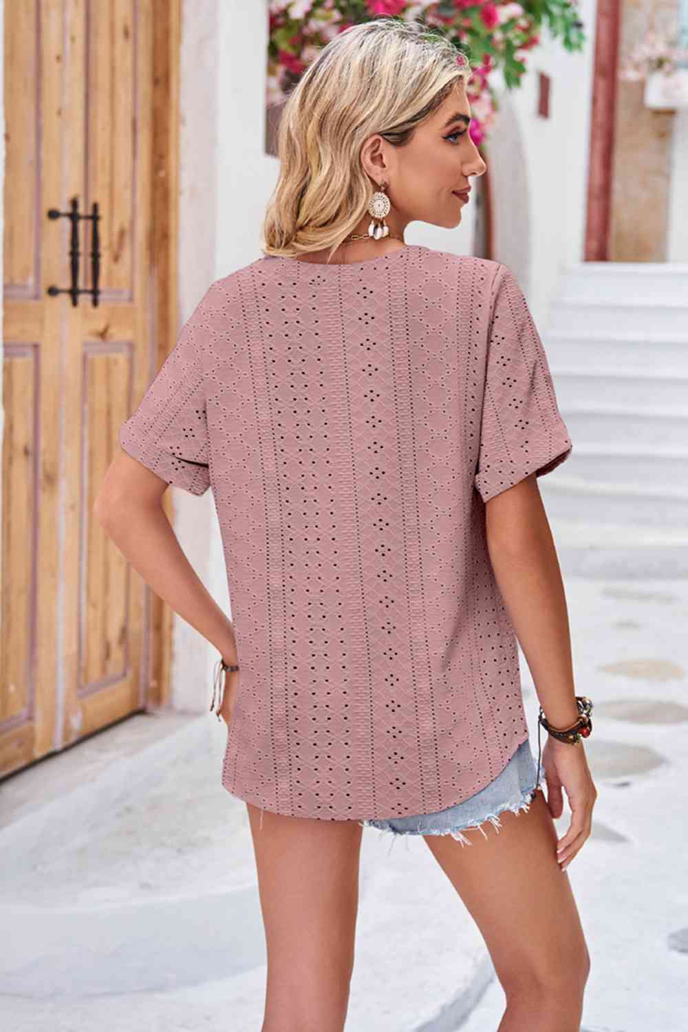 swvws Buttoned Notched Neck Eyelet Top