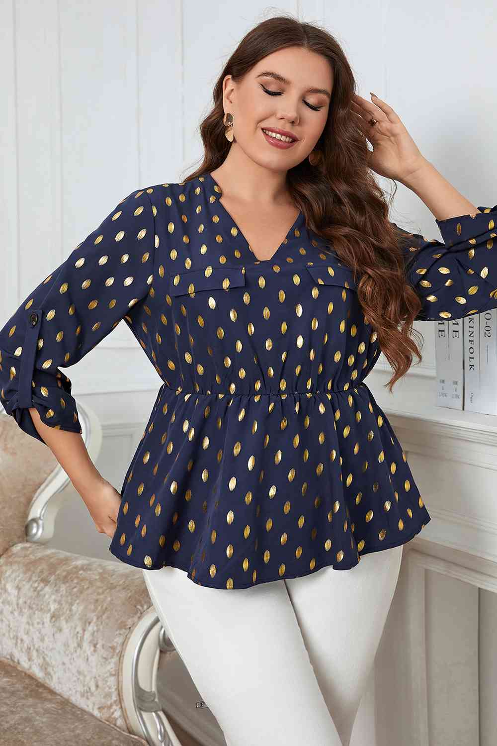 swvws Plus Size Notched Babydoll Blouse