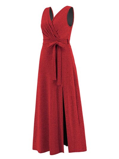 swvws Slit Surplice Tie Waist Sleeveless Dress