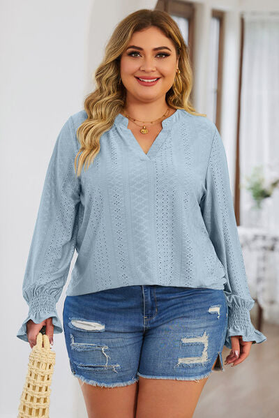 swvws Plus Size Eyelet Notched Flounce Sleeve Blouse