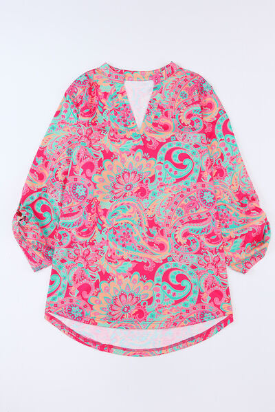 swvws Plus Size Printed Notched Long Sleeve Blouse