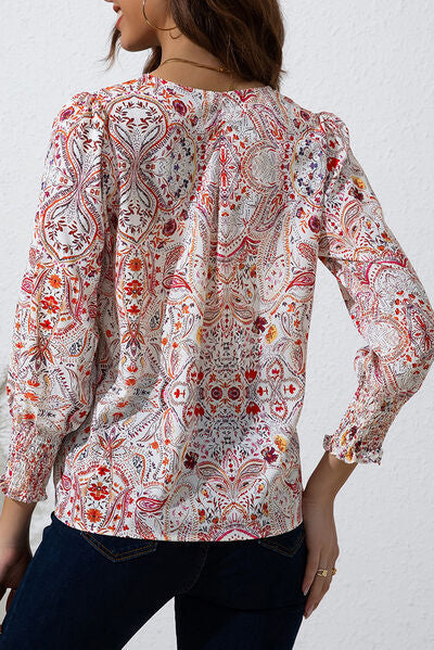 swvws Printed Tie Neck Long Sleeve Blouse