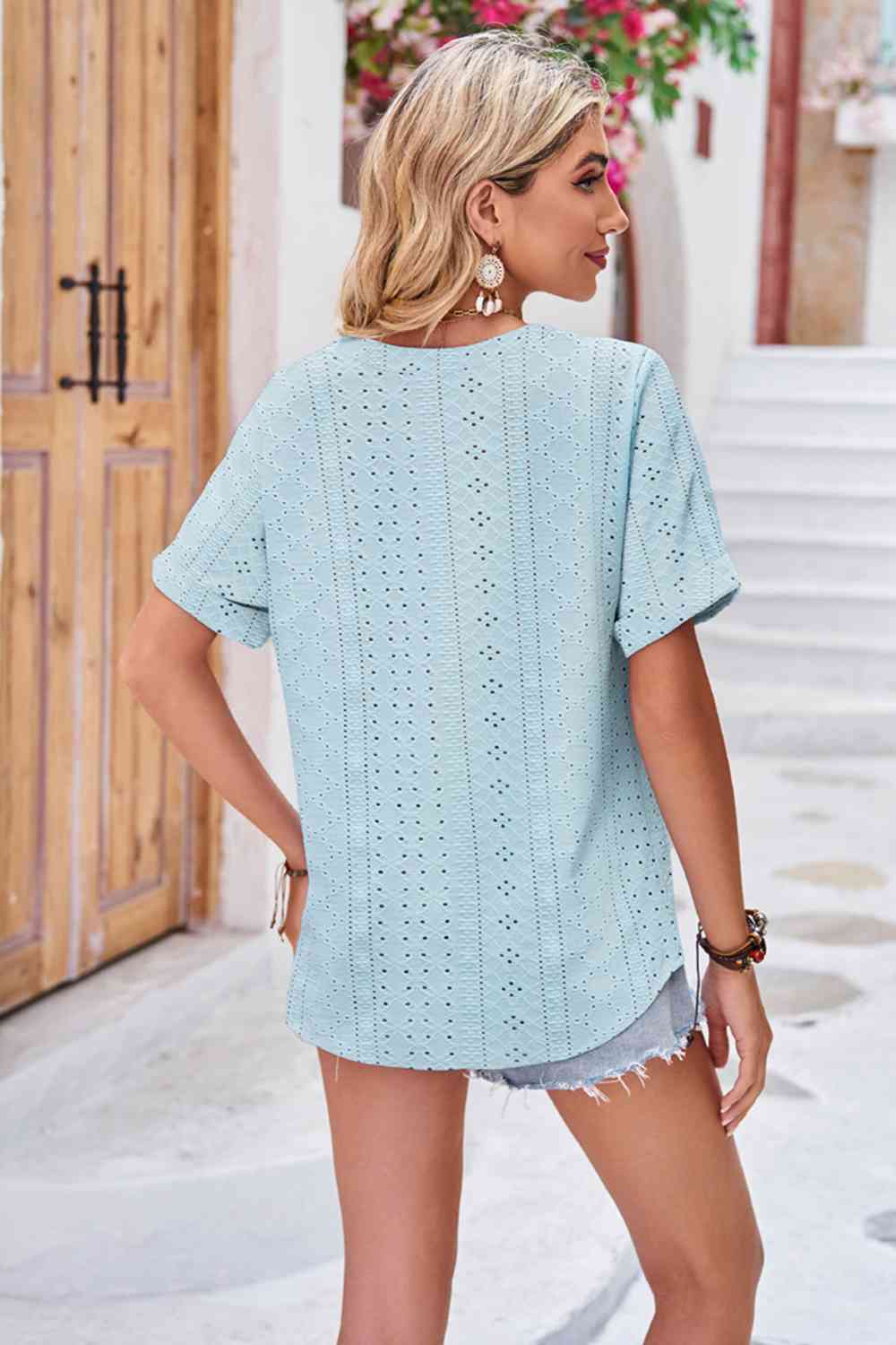 swvws Buttoned Notched Neck Eyelet Top