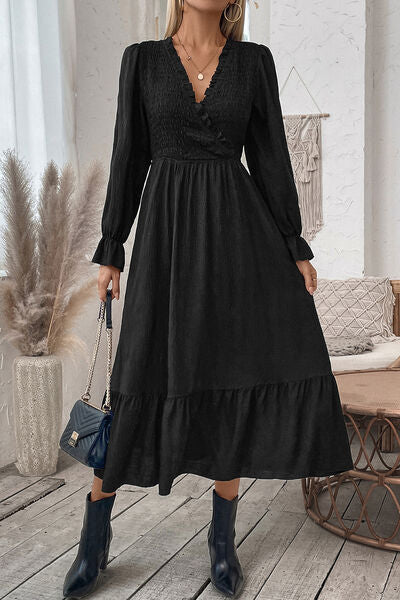 swvws Smocked Surplice Flounce Sleeve Midi Dress