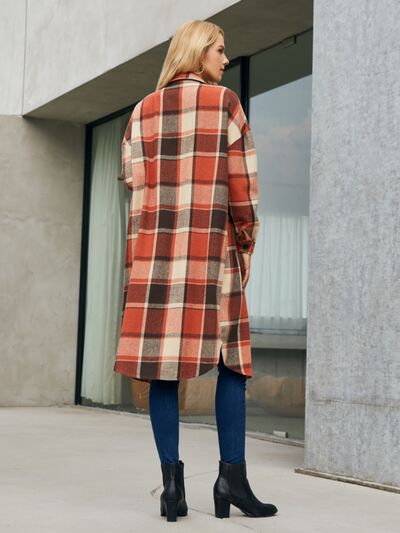 swvws Plaid Pocketed Button Up Trench Coat