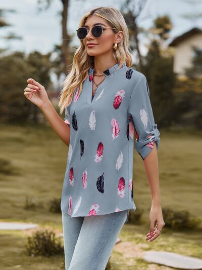 swvws Printed Frill Notched Roll-Tab Sleeve Blouse