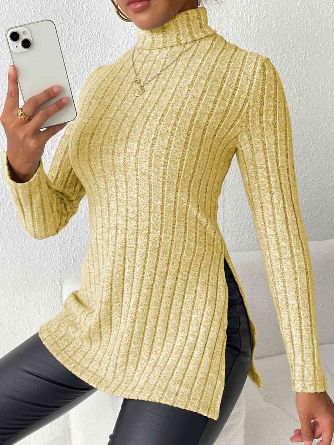 swvws Ribbed Turtleneck Long Sleeve Slit T-Shirt