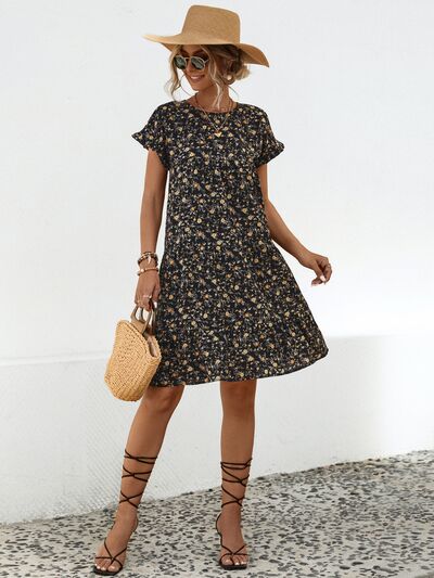 swvws Frill Floral Round Neck Short Sleeve Tiered Dress