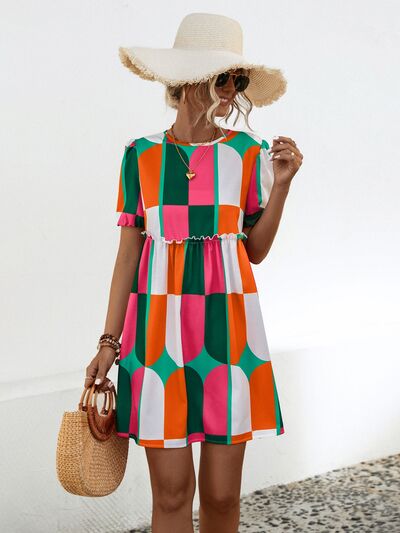 swvws Geometric Frill Round Neck Short Sleeve Dress