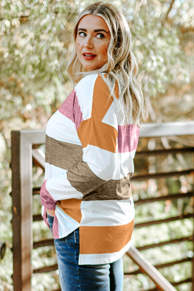 swvws Plus Size Striped Slit Long Sleeve T-Shirt