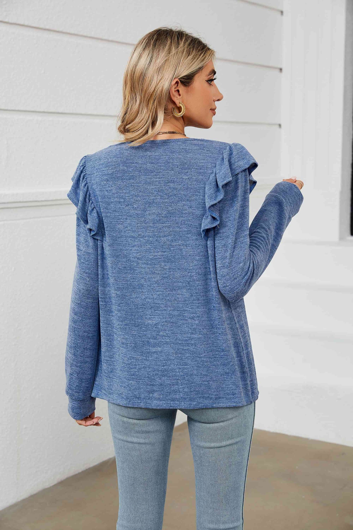 swvws Square Neck Ruffle Shoulder Long Sleeve T-Shirt