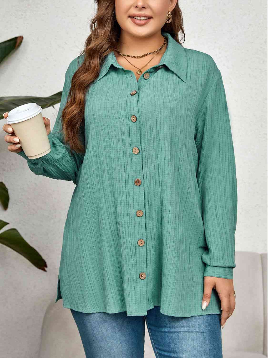 swvws Plus Size Collared Neck Long Sleeve Shirt